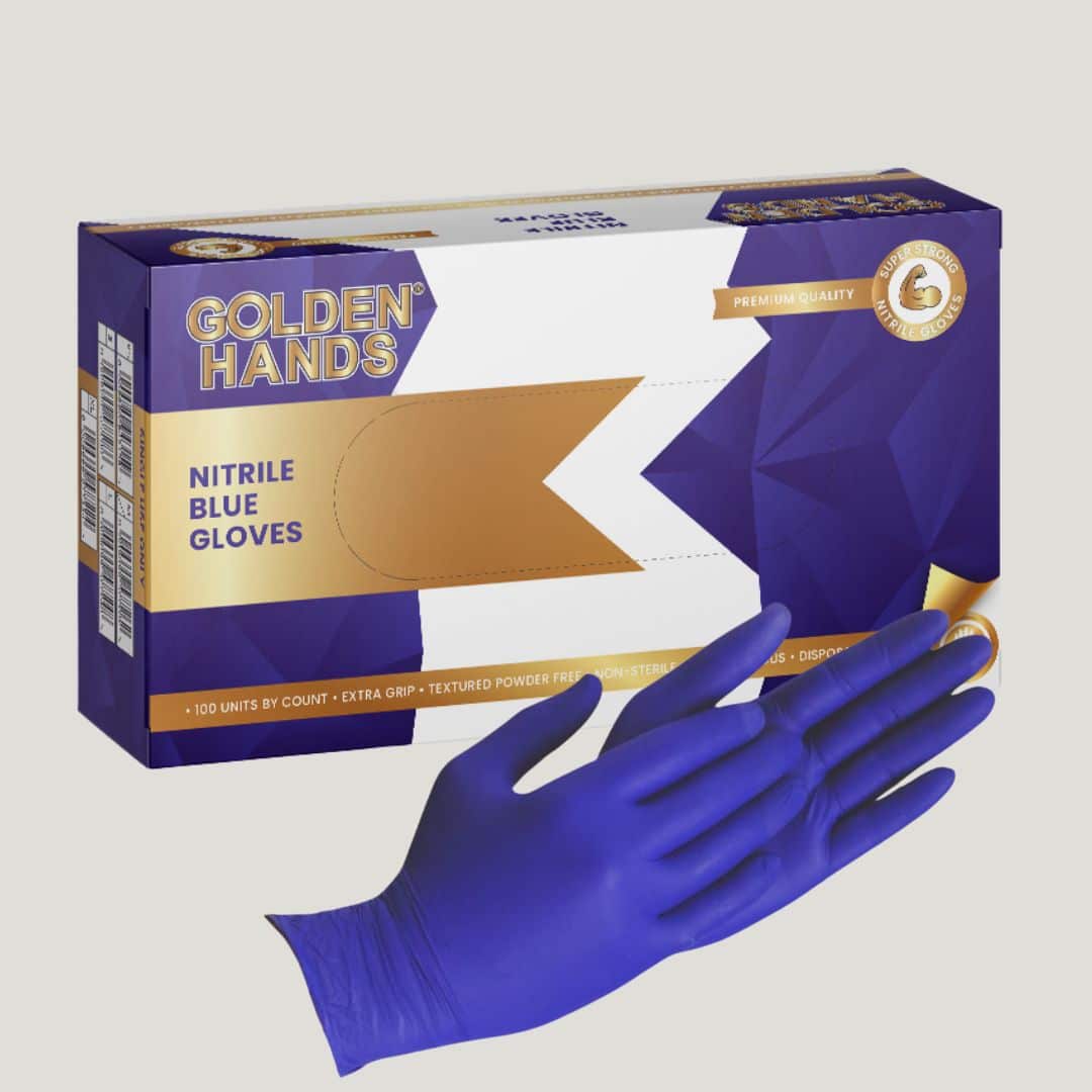 golden hands blue gloves